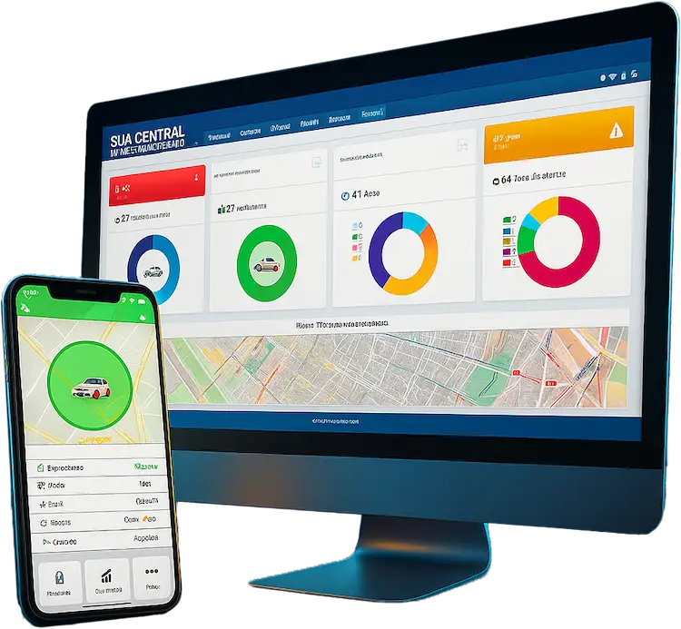 Dashboard da plataforma de rastreamento Intertrack exibido em desktop e smartphone com mapa em tempo real